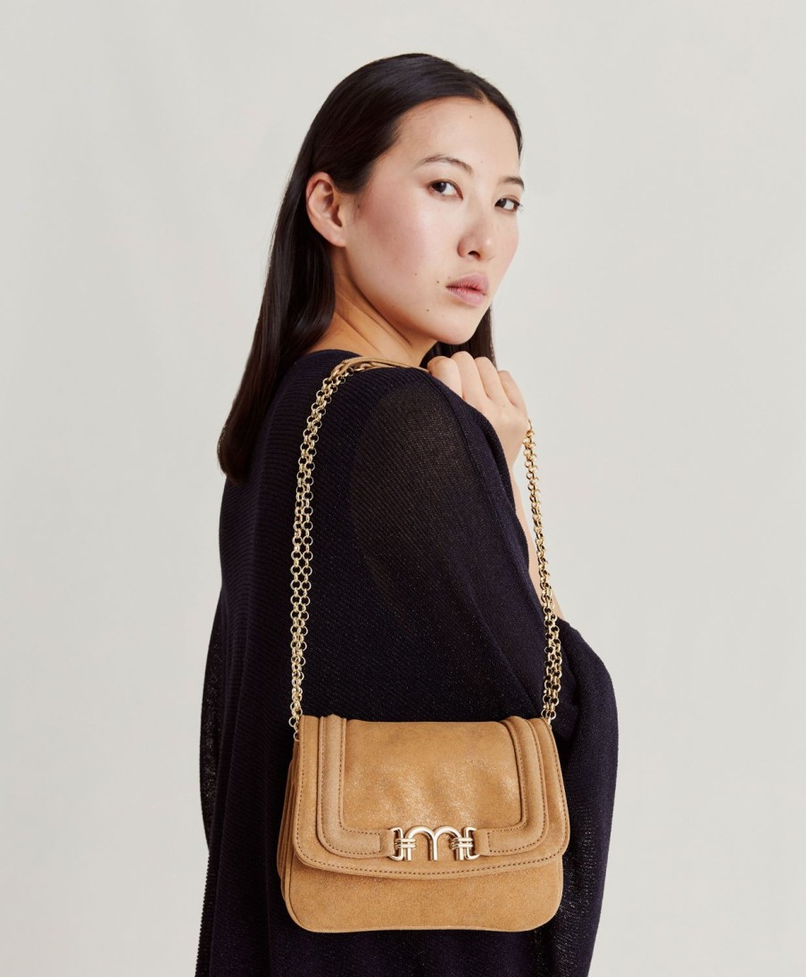 Shoes And Accessories Momoni | Momoni Mimi Flore Bag In Lame Leather - Caramel