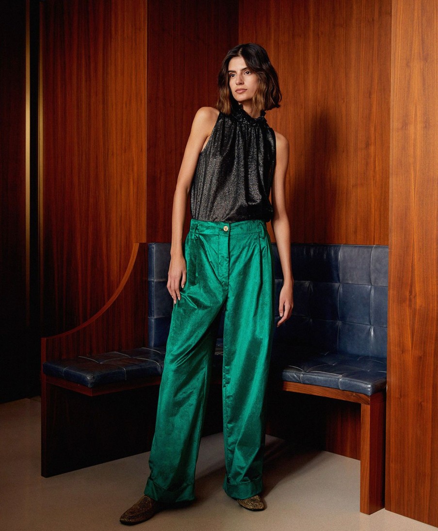 Clothing Momoni | Lantana Pants In Shiny Needlecord - Emerald Green