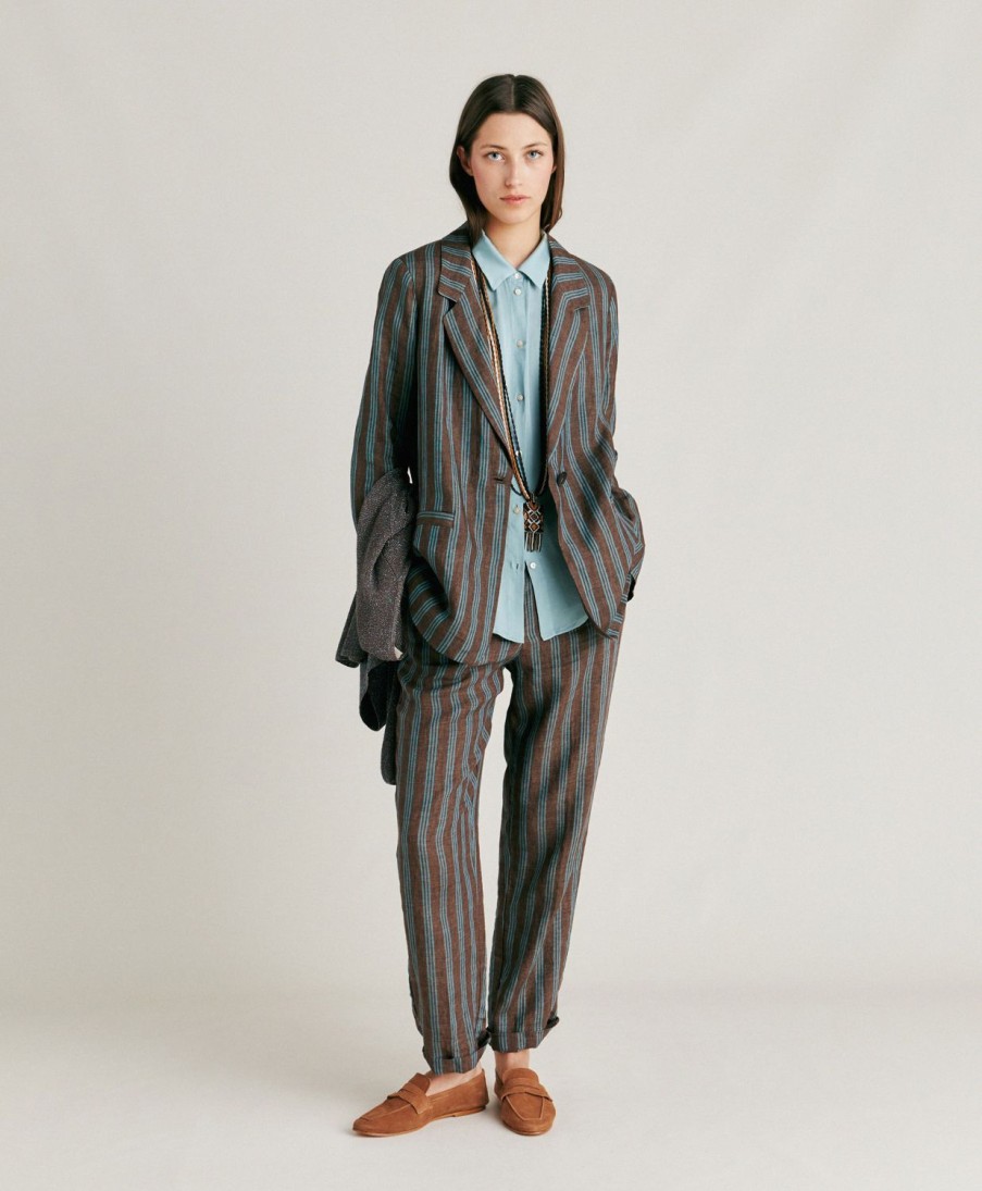 Clothing Momoni | Dayton Jacket In Striped Linen - Brown/Aqua