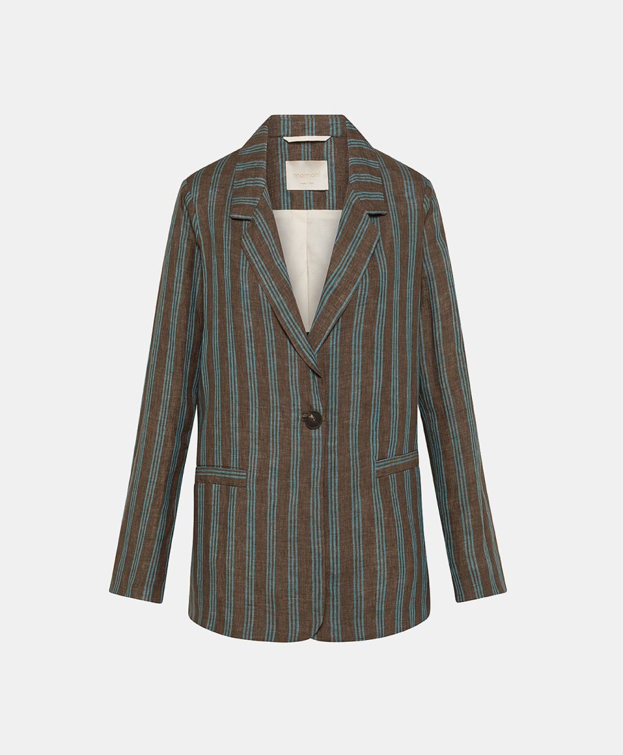 Clothing Momoni | Dayton Jacket In Striped Linen - Brown/Aqua