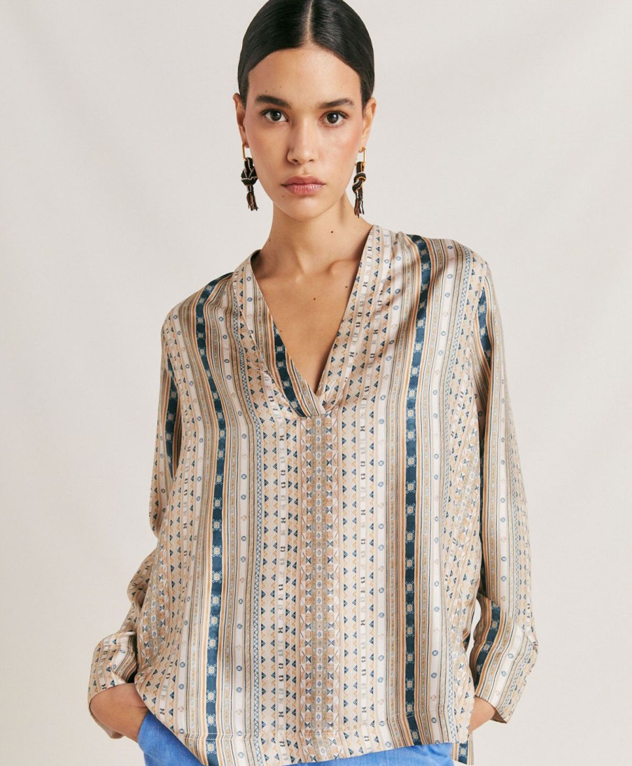 Clothing Momoni | Ambroise Blouse In Silk Twill - Sand/Multicolour