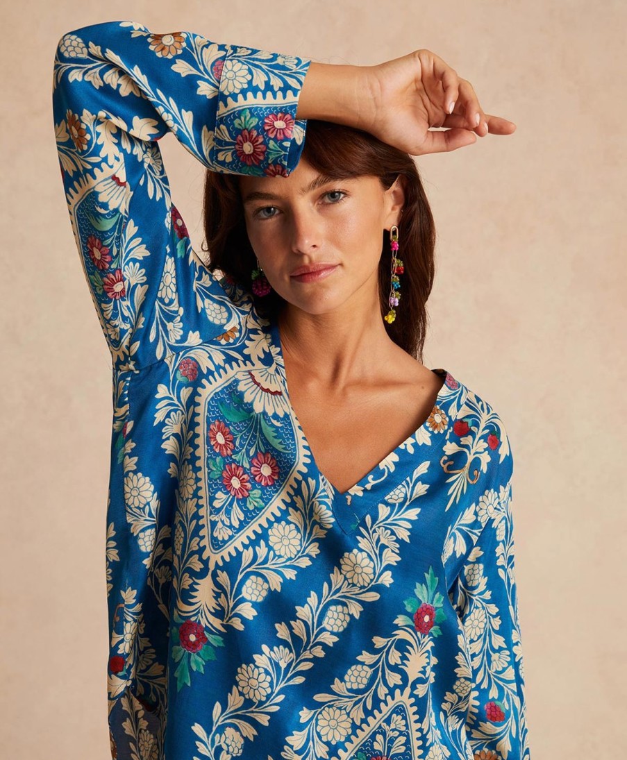 Clothing Momoni | Emilien Blouse In Printed Viscose Twill - Multicolor Blue