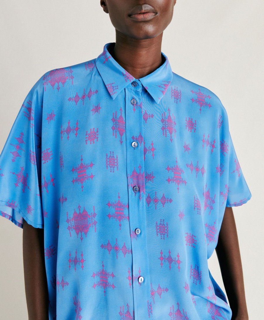 Clothing Momoni | Brooklyn Shirt In Crepe De Chine - Cornflower Blue/Fuchsia