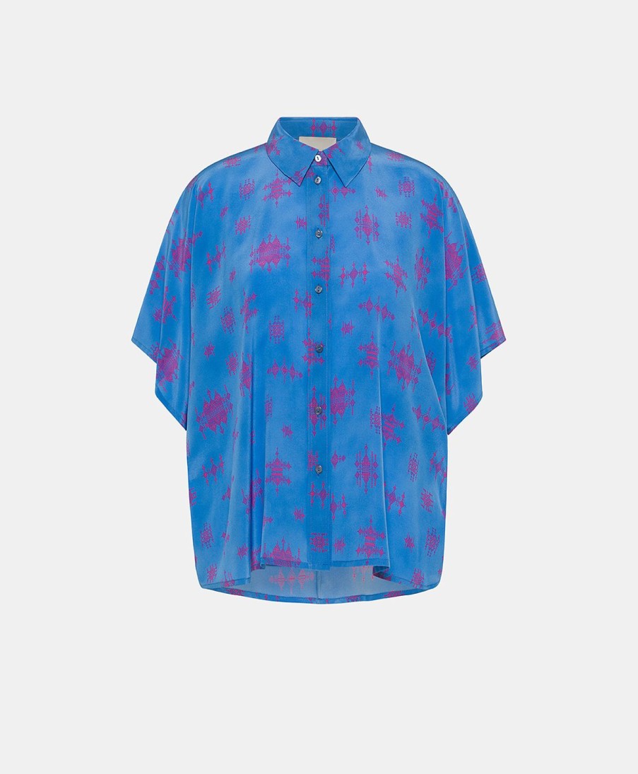 Clothing Momoni | Brooklyn Shirt In Crepe De Chine - Cornflower Blue/Fuchsia