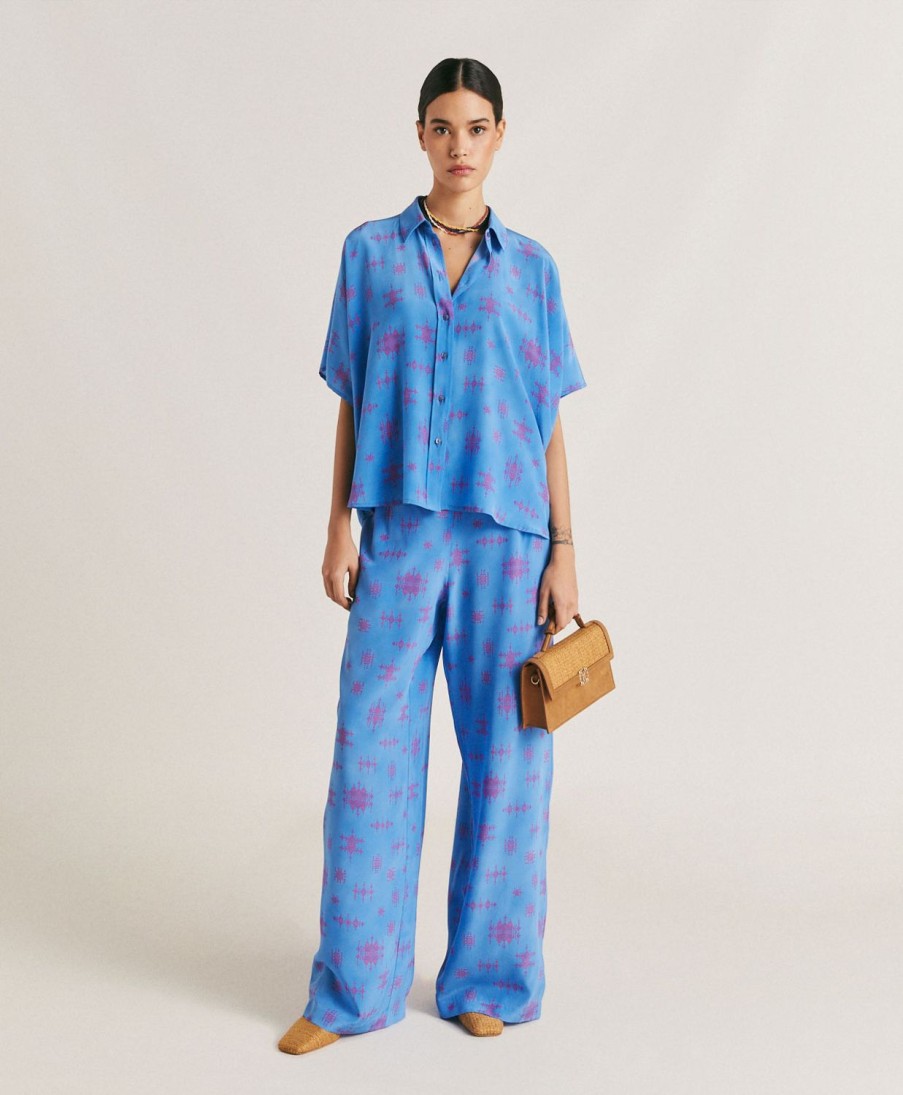 Clothing Momoni | Baccarat Pant In Crepe De Chine - Cornflower Blue/Fuchsia