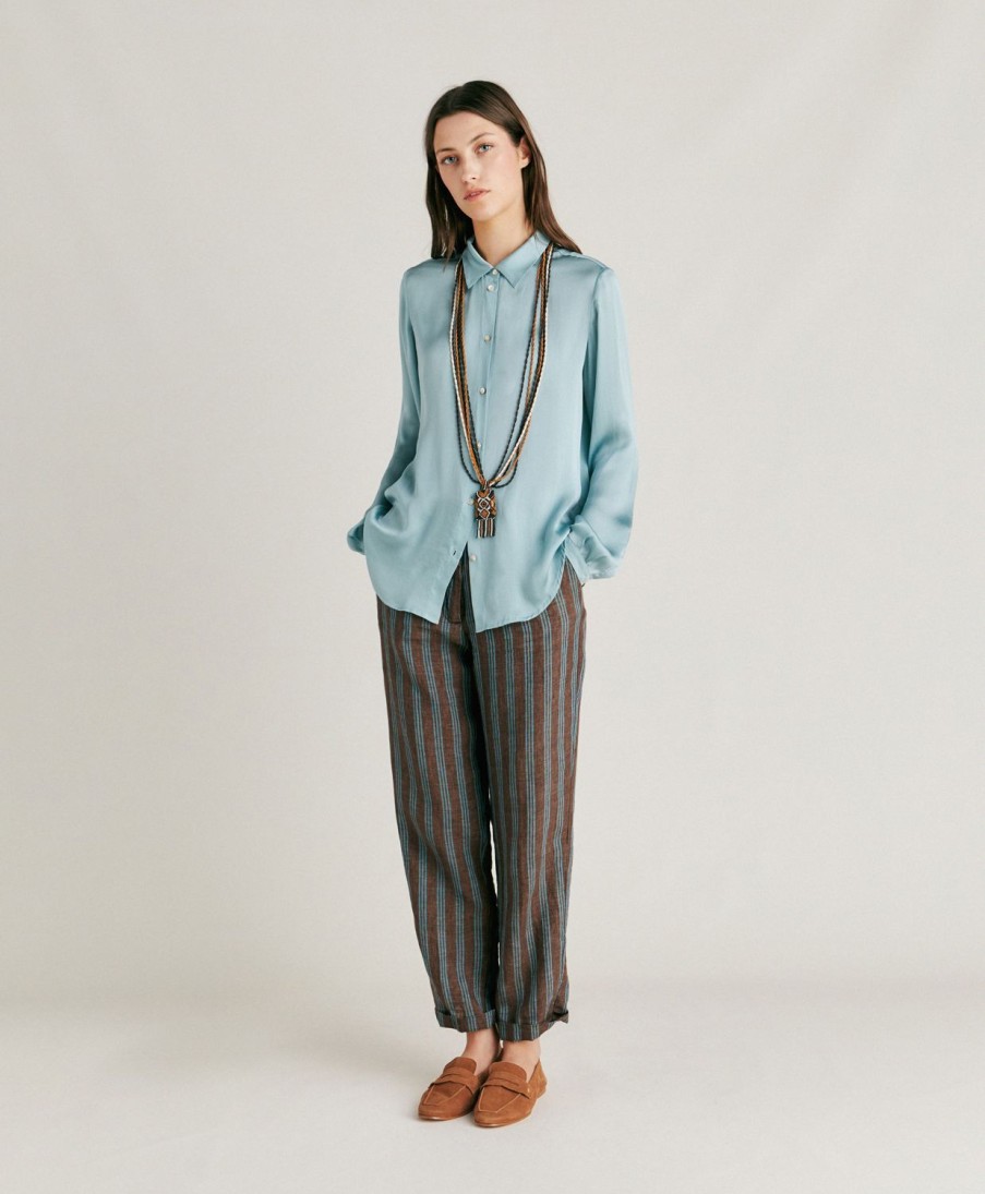 Clothing Momoni | Matthieu Pant In Striped Linen - Brown/Aqua