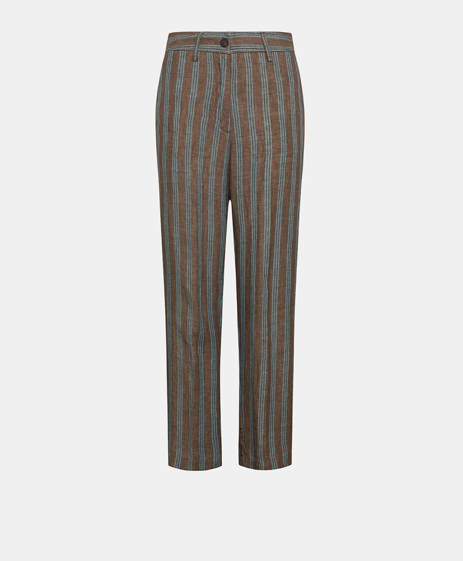 Clothing Momoni | Matthieu Pant In Striped Linen - Brown/Aqua