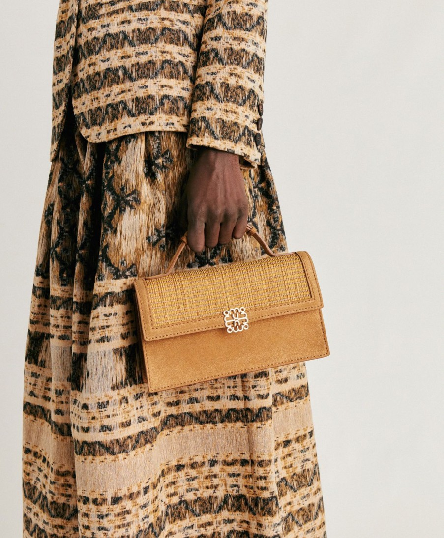 Shoes And Accessories Momoni | Sophie Bag In Raffia And Lame - Caramel