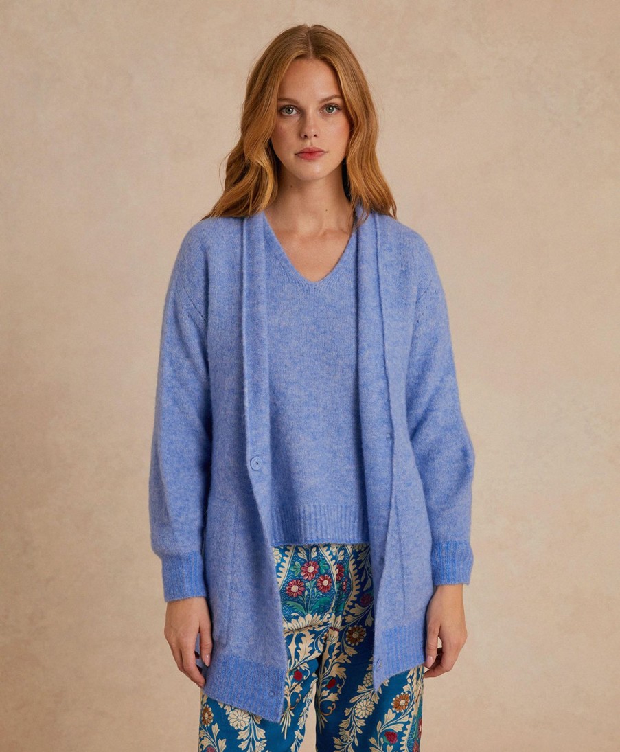 Clothing Momoni | Cardigan Chamonix Fleece-Effect Baby Alpaca - Cerulean