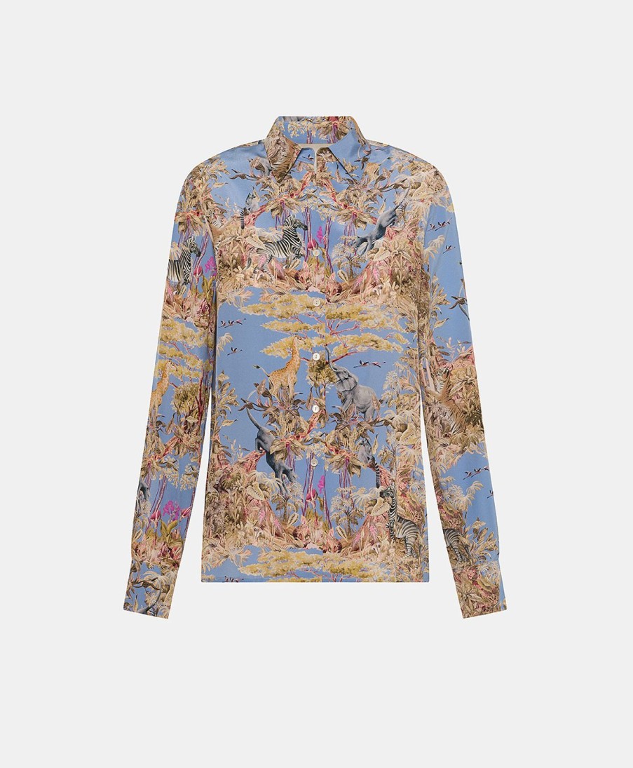 Clothing Momoni | Simon Shirt In Crepe De Chine - Cerulean Blue/Multicolour