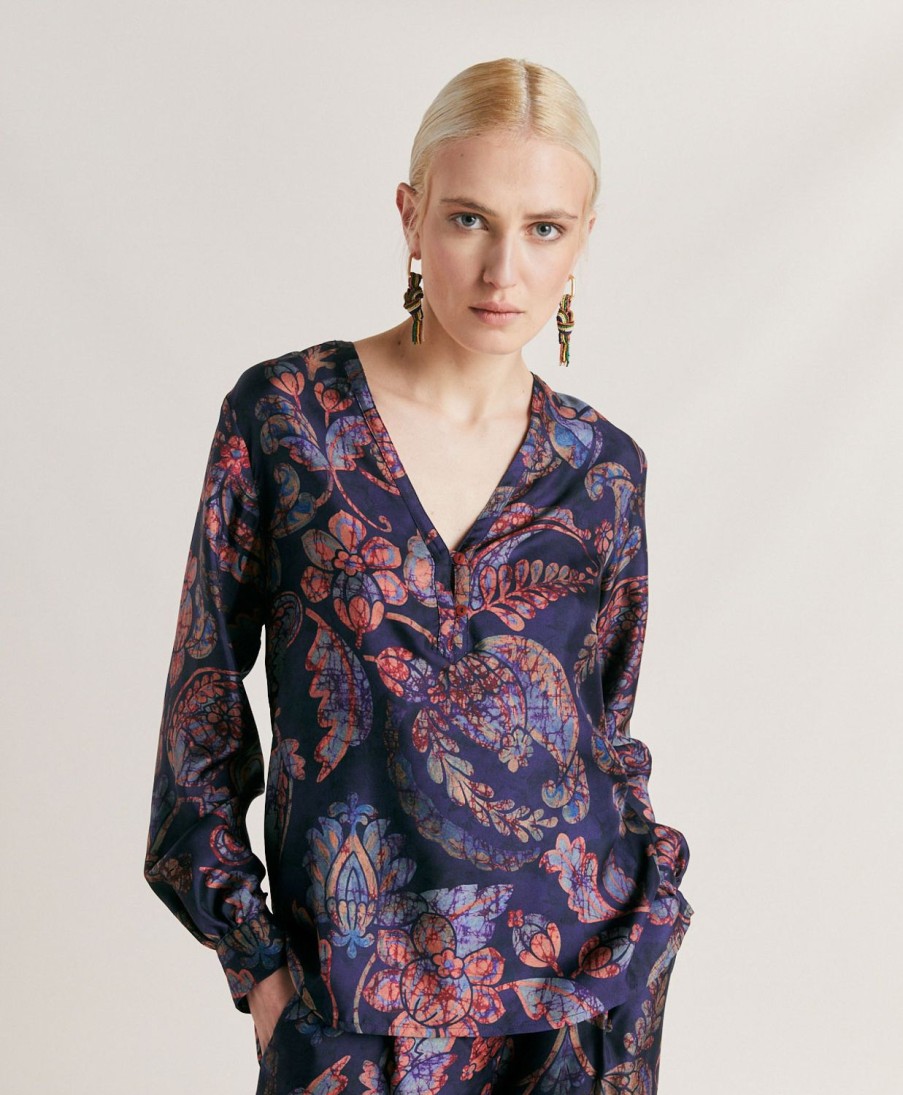 Clothing Momoni | Torret Blouse In Silk Twill - Midnight Blue Multicolour