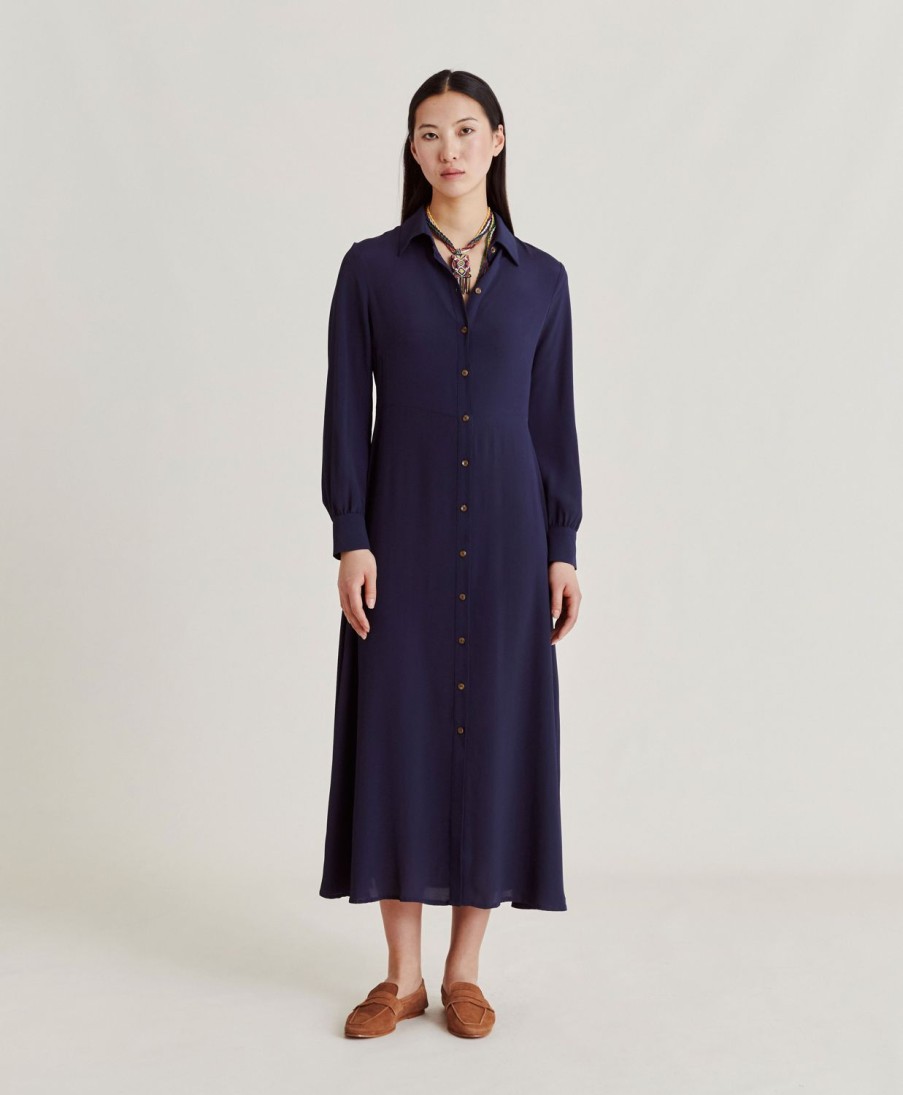 Clothing Momoni | Bethany Dress In Plain Silk - Dark Blue