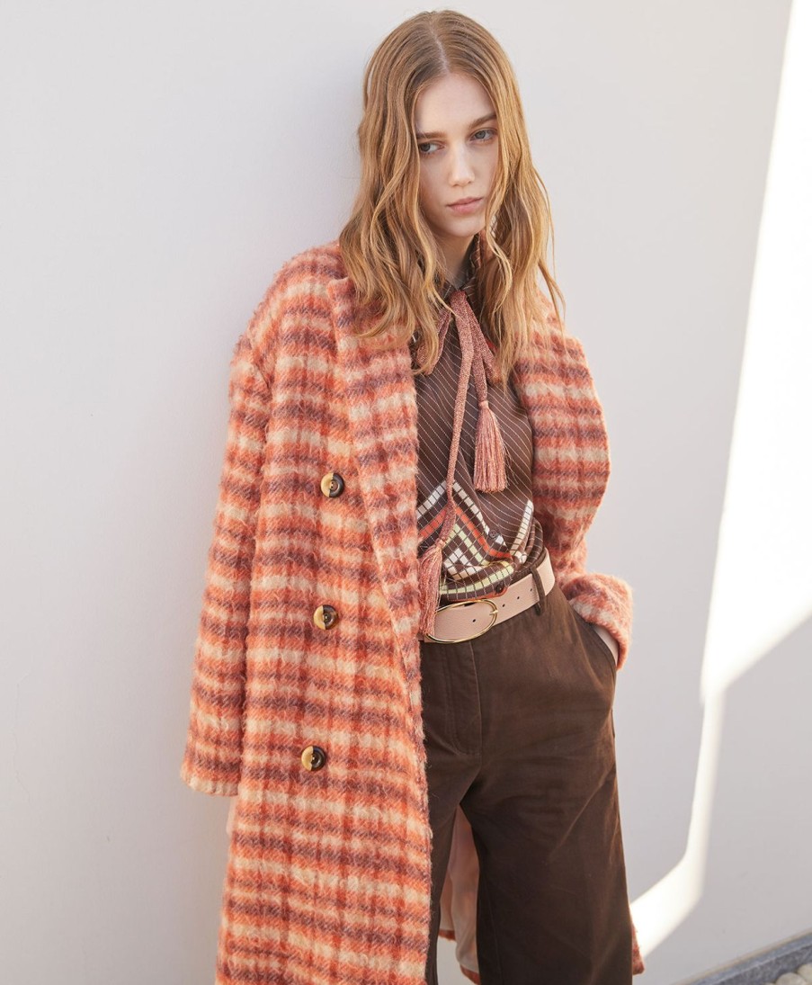 Clothing Momoni | Neve Coat In Check Casentino Wool - Orange