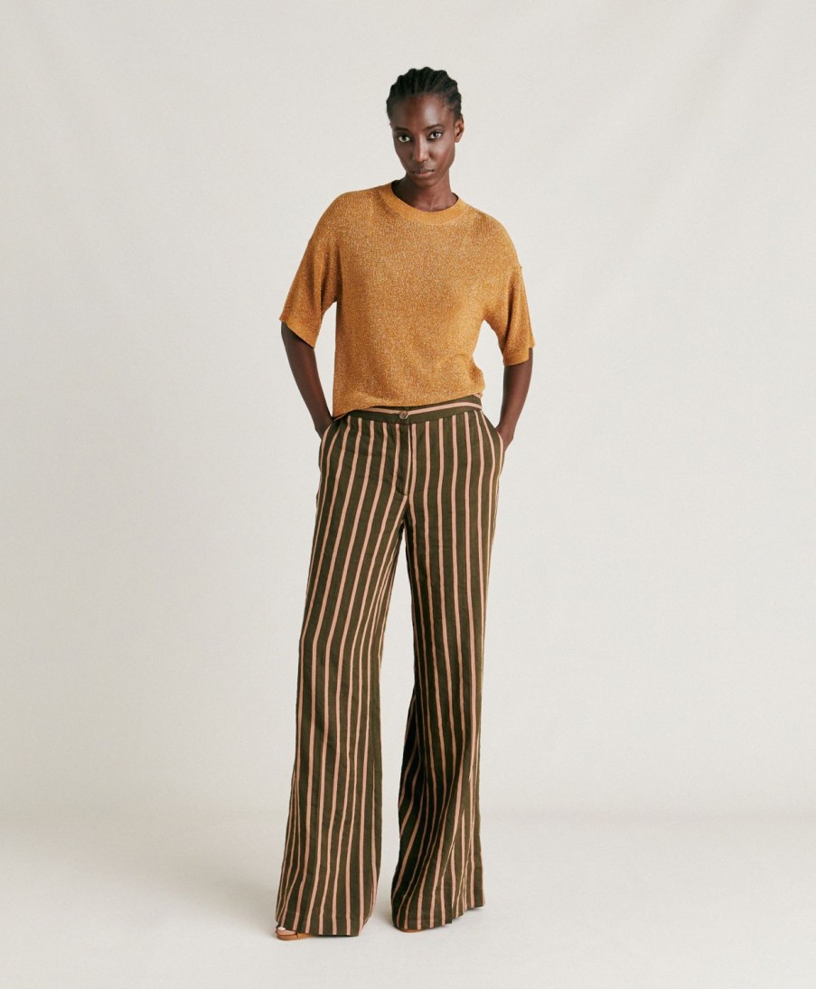 Clothing Momoni | Candeo Pant In Striped Linen Viscose - Army Green Multicolour