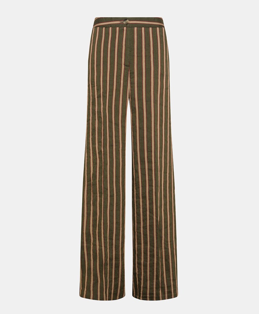 Clothing Momoni | Candeo Pant In Striped Linen Viscose - Army Green Multicolour