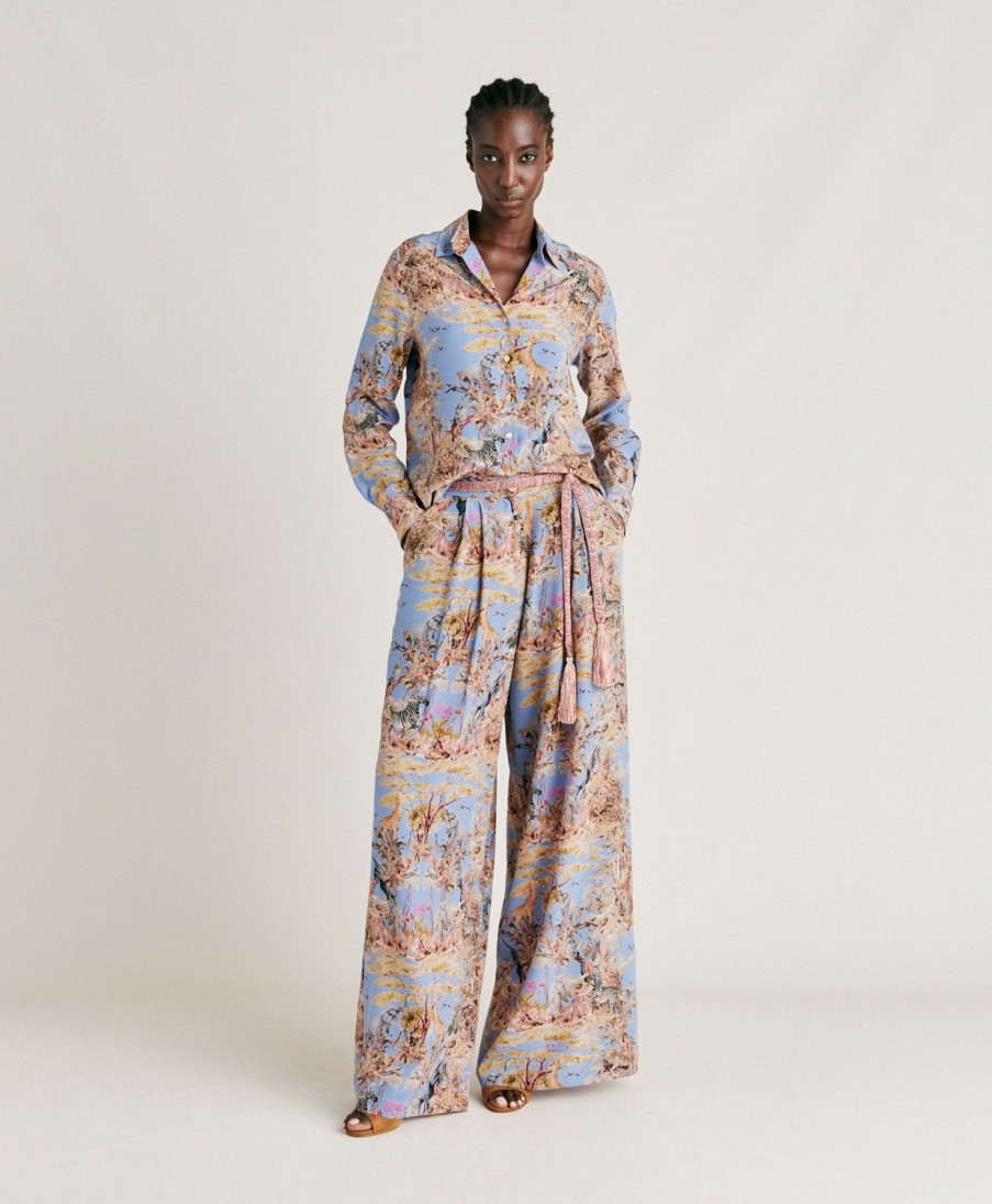 Clothing Momoni | Patrice Pant In Crepe De Chine - Cerulean Blue/Multicolour