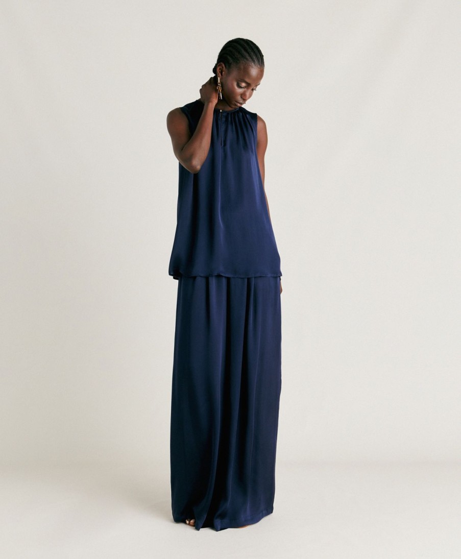 Clothing Momoni | Cris Top In Plain Silk - Dark Blue