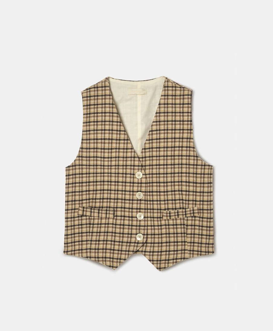 Clothing Momoni | Camedrio Gilet In Check Wool Gabardine - Beige/Brown/Yellow