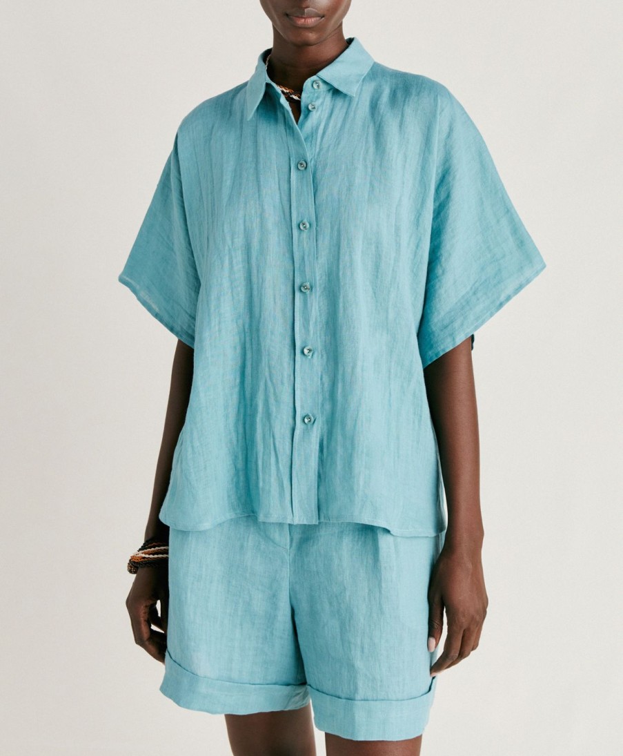 Clothing Momoni | Elafonissi Shirt In Linen - Cerulean