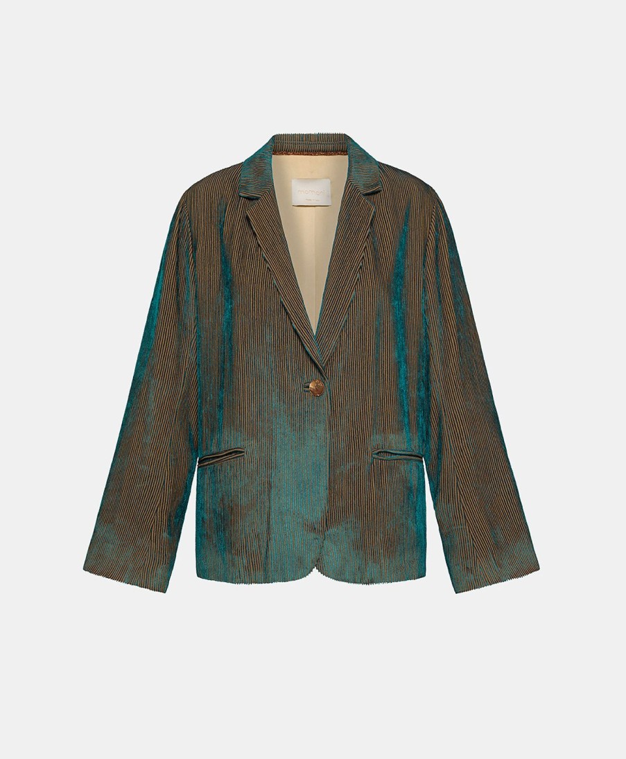 Clothing Momoni | Emma Jacket In Bi-Colour Ribbed Viscose Velvet - Teal