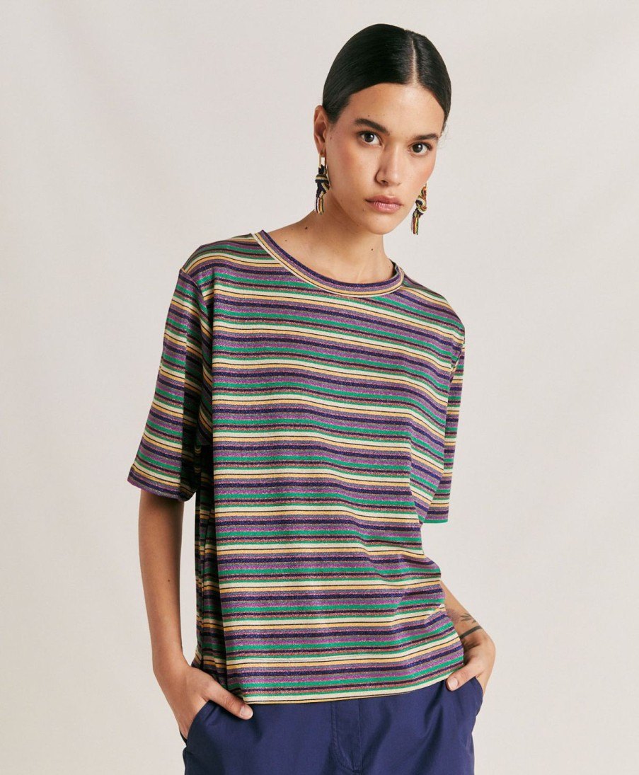 Clothing Momoni | Iora Tshirt In Striped Lurex Jersey - Multicolor Green