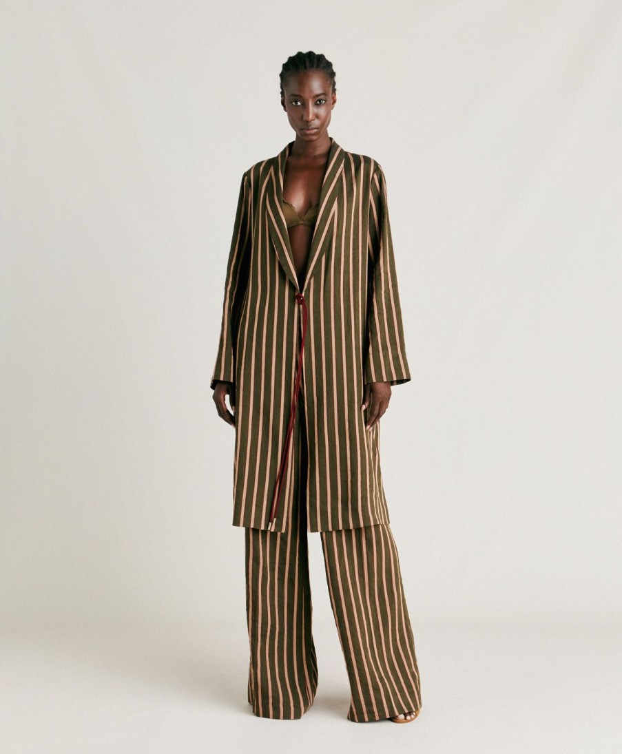 Clothing Momoni | Clio Coat In Striped Linen Viscose - Army Green Multicolour