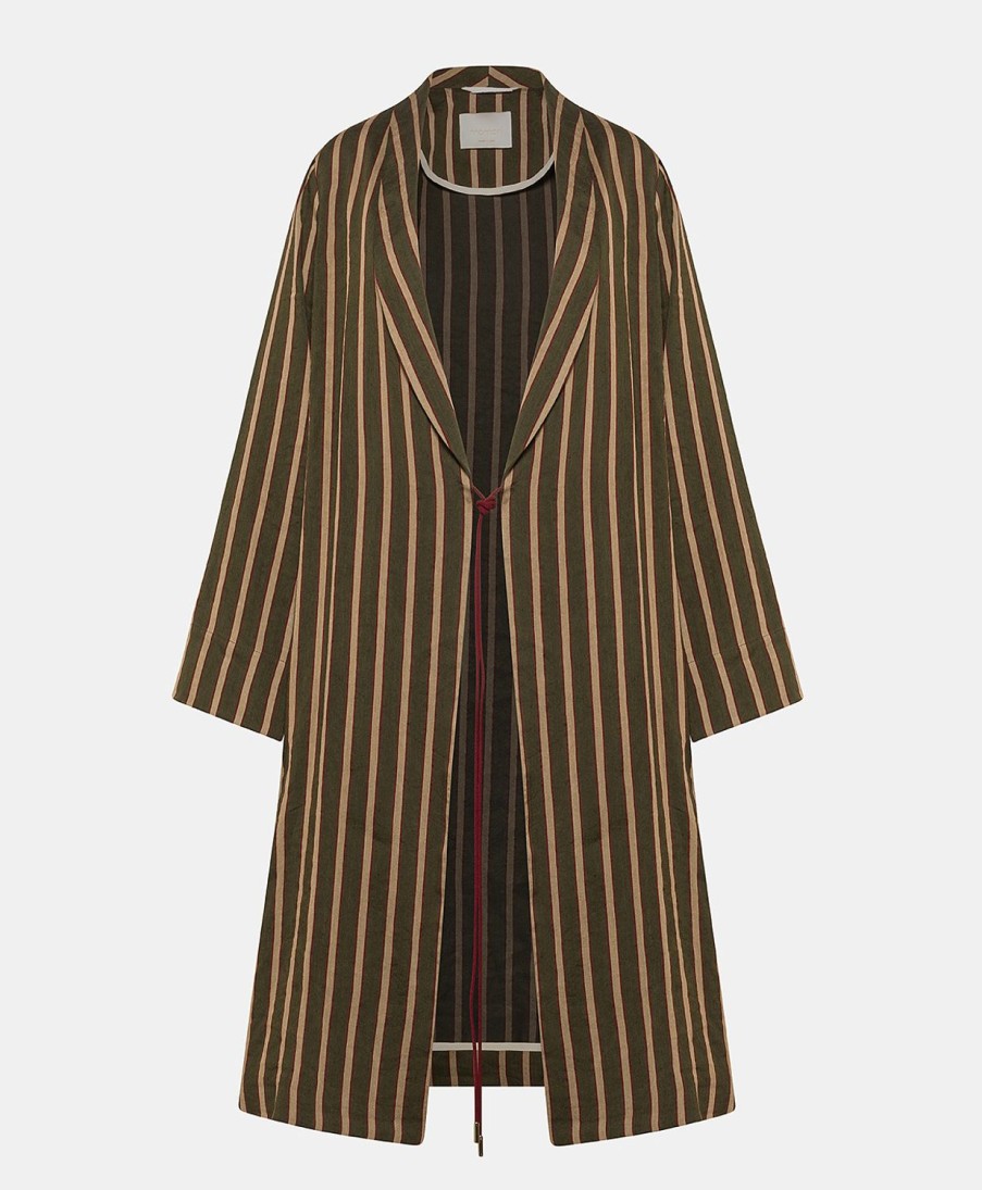 Clothing Momoni | Clio Coat In Striped Linen Viscose - Army Green Multicolour