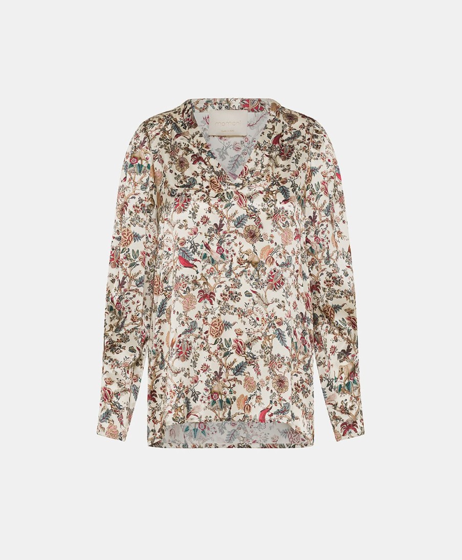 Clothing Momoni | Morgan Blouse In Printed Stretch Satin - Multicolor Cream