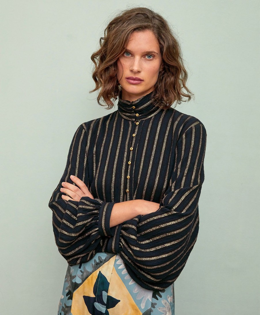 Clothing Momoni | Thierry Blouse In Lurex Stripe Gauze - Multicolor Blue