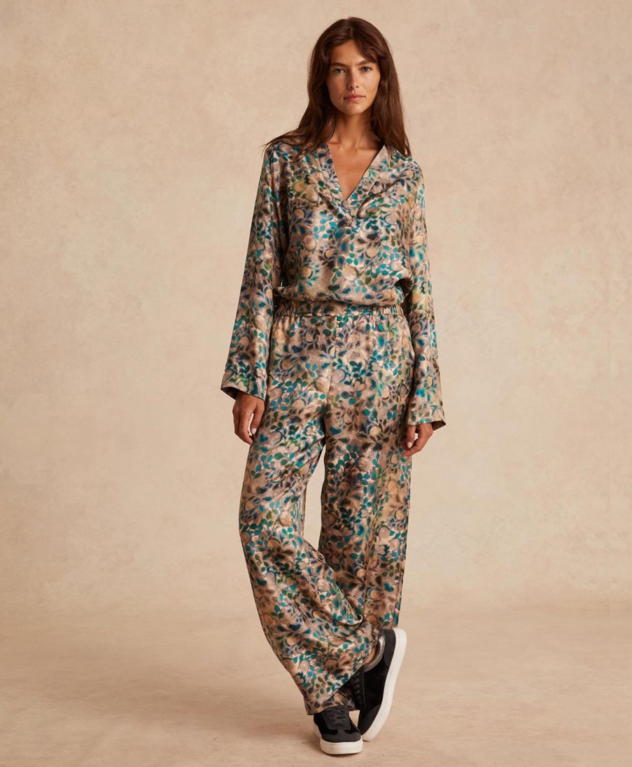 Clothing Momoni | Camille Bis Pant In Printed Silk Twill - Multicolor Green