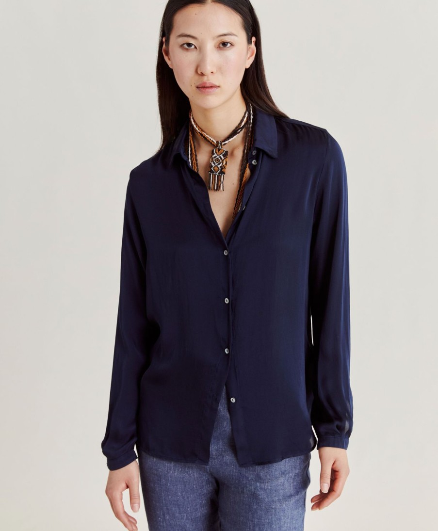 Clothing Momoni | Meudon Shirt In Plain Silk - Dark Blue