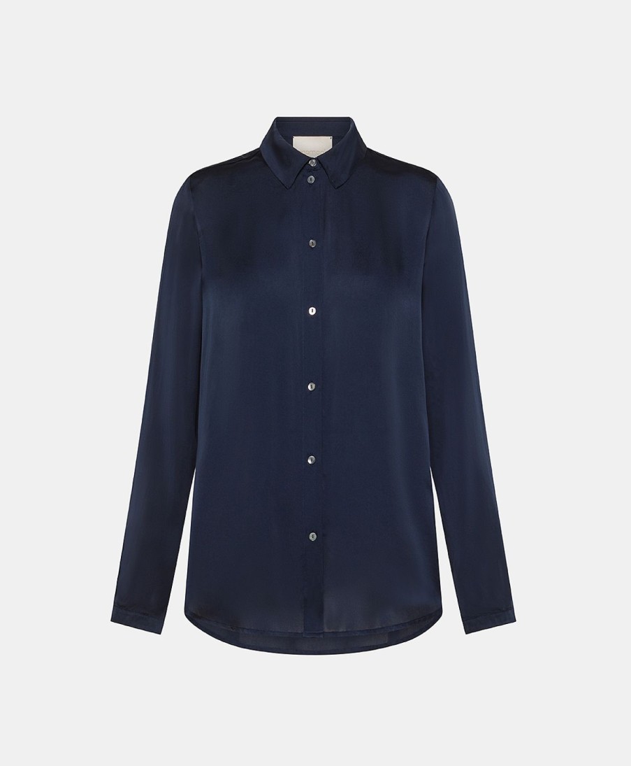 Clothing Momoni | Meudon Shirt In Plain Silk - Dark Blue