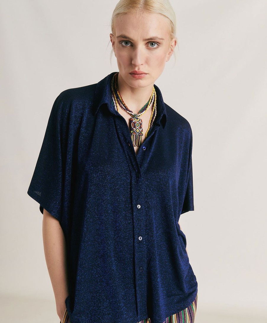 Clothing Momoni | Brooklyn Shirt In Lurex Jersey - Blue